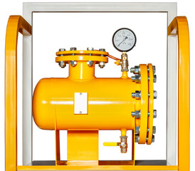 Gas strainer with a pressure gauge for gas control installation, isolated on a white background.