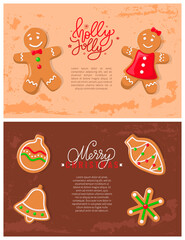 Holly jolly gingerbread cookies made of ginger vector. Festive decoration cone biscuits, bell and cone star shaped dessert baubles ball toy posters