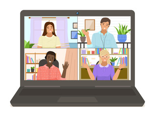 Set of pictures about smiling people have conference video call on the laptop. Girls and men chat online, working from home. People in headphones waving hands up. Shelf with books in the background