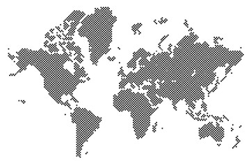 Detailed vector World map of black colors on light background. Town marks and national borders are in separate layers. The unfolded planet isolated on white. Dotted gray pixel map of the Earth