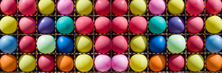 Inflated balloons of different colors in square rope cells. Bright, fun abstract background illuminated by the sun