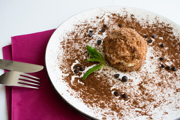 Chocolate mole cake. Delicious cake with cream.