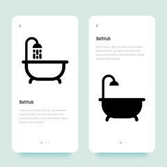 Bathtub and shower with running water and bubbles around. Thin line vector illustration of plumbing or save water concept.