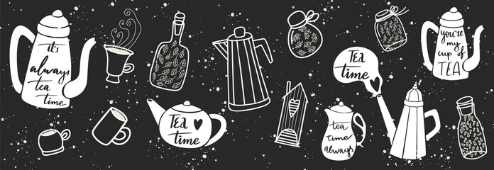 Vector chalkboard doodle with teapot and cups and hand lettering Its always tea time. White on a blackboard silhouette of kettles for cafe menu. © Yana