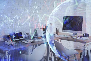 Multi exposure of stock market chart drawing and office interior background. Concept of financial analysis.