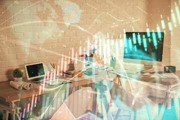 Multi exposure of stock market chart drawing and office interior background. Concept of financial analysis.
