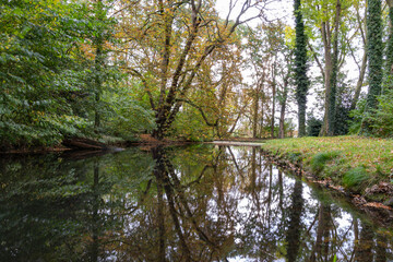 The trees in autumn colors are reflected in the water