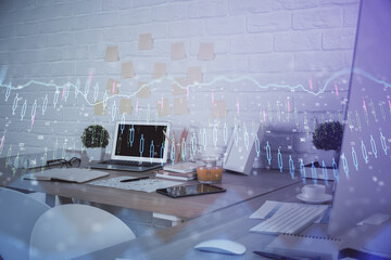 Multi exposure of stock market chart drawing and office interior background. Concept of financial analysis.