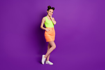 Fototapeta na wymiar Full body photo of girl look good in camera expression wear singlet sneakers isolated bright color background
