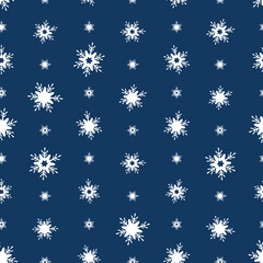 Snowflakes. Repeating vector pattern. Isolated blue background. Seamless festive ornament. Delicate crystal background. Idea for web design, packaging, wallpaper, cover, textile. Frostwork. 