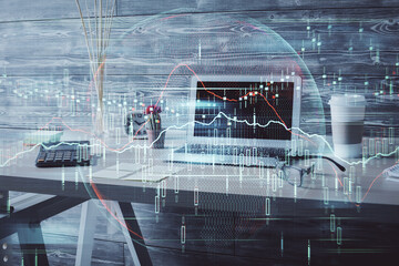 Double exposure of financial graph drawing and office interior background. Concept of stock market.