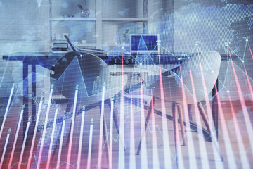 Multi exposure of financial graph drawing and office interior background. Concept of market analysis.
