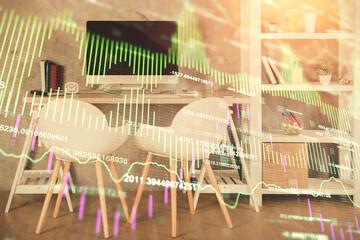 Multi exposure of stock market chart drawing and office interior background. Concept of financial analysis.
