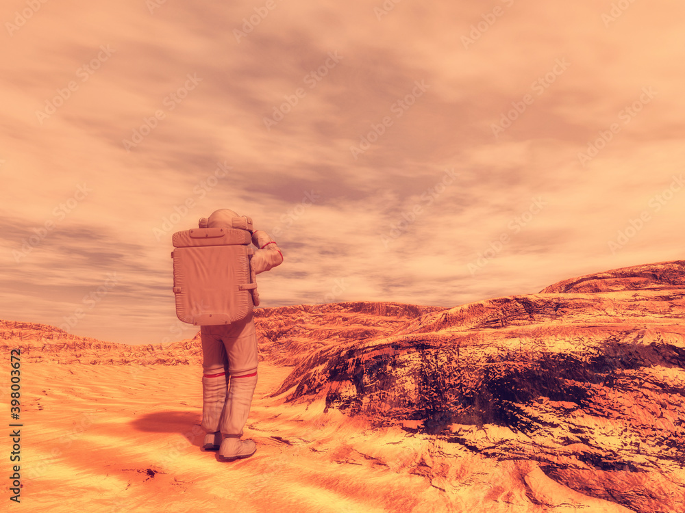 Wall mural astronaut on mars terrain looking at distance. 3d rendering.