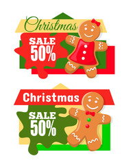 Christmas sale half price reduction cut cost off isolated icons set vector. Gingerbread male and female cookies characters wearing dress and bow offer