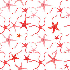 Beautiful vector seamless underwater pattern with watercolor starfish. Stock illustration.