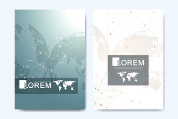 Modern vector template for brochure, leaflet, flyer, advert, cover, catalog, magazine or annual report. Global network connection. Scientific cybernetic dots. Lines plexus. Card surface.