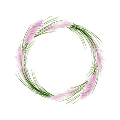 Fototapeta na wymiar Floral pampas grass wreath. Watercolor pink and green tone frame. Round hand painted arrangement for design, wedding decoration
