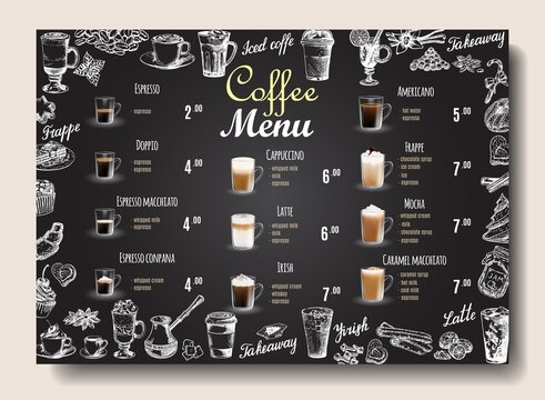 Coffee drinks menu price list on chalkboard for cafe, coffee shop vector template. Hand drawn cups, mugs with hot and cold beverages, takeaway drinks. Hand lettering.