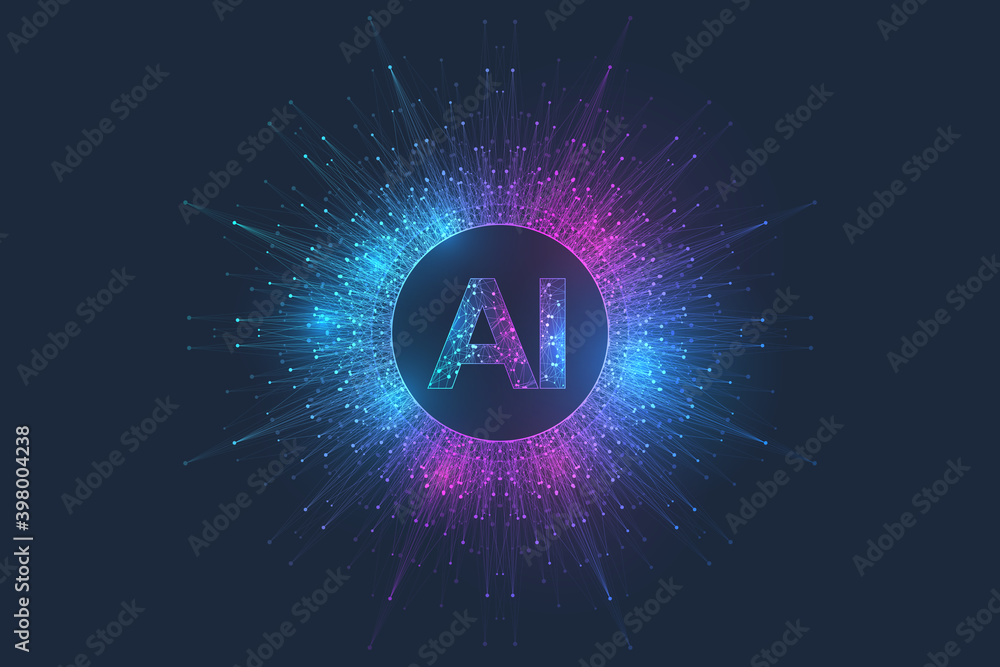 Fototapete Artificial Intelligence Logo Plexus effect. Artificial Intelligence and Machine Learning Concept. Vector symbol AI. Neural networks and another modern technologies concepts. Technology sci-fi concept.