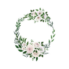 Watercolor white peonies wreath. White roses isolated round frame. Rustic wedding banner. Cute wreath for decoration, design. White, green tones. For invitations, bridal shower,  design