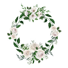 Watercolor white peonies wreath. White roses isolated round frame. Rustic wedding banner. Cute wreath for decoration, design. White, green tones.