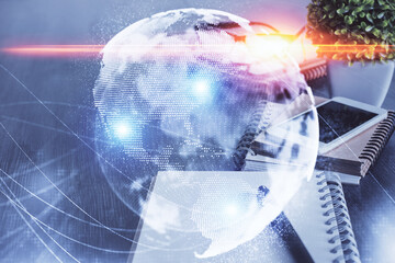 Double exposure of financial theme drawing and cell phone background. Concept of business