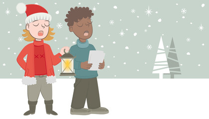 Fototapeta premium Two children singing Christmas songs. Retro style banner of uns children singing Christmas songs, while it is snowing.