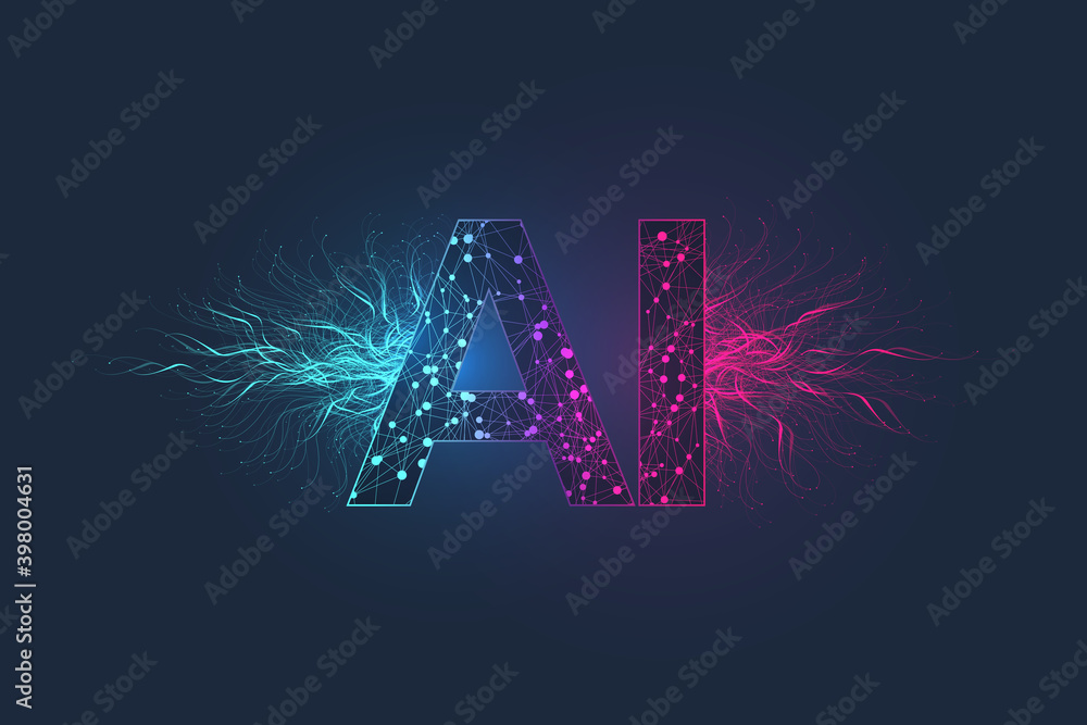 Aufkleber Artificial Intelligence Logo Plexus effect. Artificial Intelligence and Machine Learning Concept. Vector symbol AI. Neural networks and another modern technologies concepts. Technology sci-fi concept.