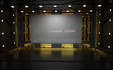 Empty studio room with a wall screen, 3d illustration
