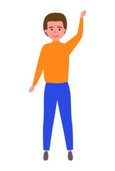Boy putting up hand to gain attention vector illustration. Guy dressed in autumn clothes raising his hand up and waving. Male character isolated on white background. The person wants to give an answer
