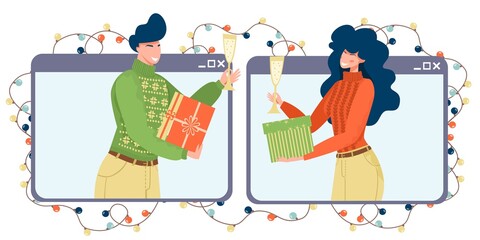 The guy and the girl congratulate their friend friend on Christmas online. Online New Years celebration, party. Virtual sending of gifts.