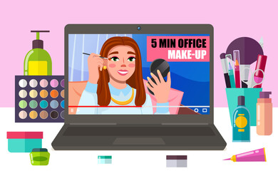 Fototapeta na wymiar Girl makes up on video. Beautiful girl paints her eyes on video training. Cosmetics on the table. Palette with shadows behind a laptop. Various makeup tools on the blogger s desk vector illustration