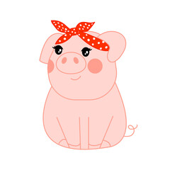 Cute character piggy girl with a bandage on her head. Vector illustration isolated on white background.