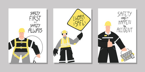 Collection of hand drawn posters with lettering about health and safety on production and construction industries. Set of posters - safety first, stay safe, live safe, think twice. Safety first quotes