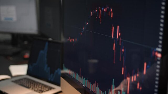 Computer screen with stock market changes, scrolling and analysing numbers. Man and computer display, no face, stock market with green and red market changes