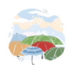 Abstract background with color umbrellas, rain, sky with clouds isolated on white. Banner concept about love for any weather. Peaceful and meditative lifestyle. Games in the rain. Vector illustration.