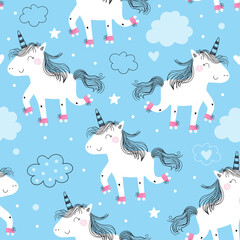 Cute unicorn print for kids. Vector print. Hand drawn seamless pattern with cute little unicorn cartoon style.