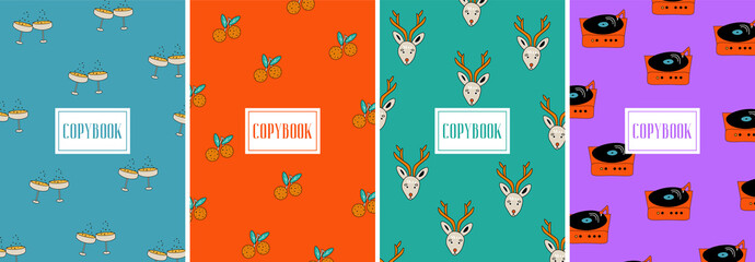 Naklejka premium Merry Christmas. Big set of bright vector flat covers for copybook with deer, tangerines, champagne and a vinyl record player. Covers in four colors for winter holidays. Winter Christmas copybooks.