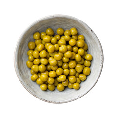 Canned green peas in gray ceramic bowl isolated on white background. Top view.