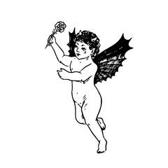 Little cute devil baby with rose, doodle drawing, woodcut style