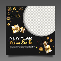 New year gift social media post template with realistic gift box, square banner and sale background.