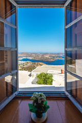 Colorful street of Chora Village in Patmos Island