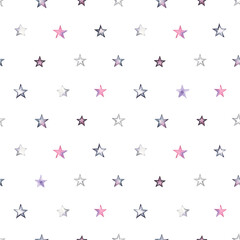 Stars watercolor pattern, seamless illustration on white background with grey, pink, violet and black abstract stars.