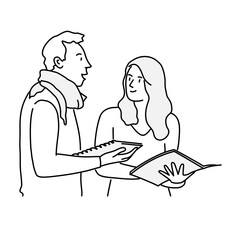 Young couple talking. Meeting students, they keep books and notebooks. Hand drawn vector illustration.