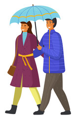 Couple goes in rain. Happy man and woman are walking in city park under an umbrella isolated on white background. Beautiful married people have romantic relationship, cartoon flat characters