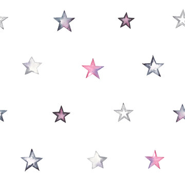 Stars watercolor pattern, seamless abstract illustration on white background.