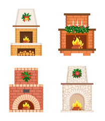 Fireplace Christmas decoration of stoves isolated icons vector. Candles and garlands, pine branches, wreath with mistletoe leaves and berries, bows