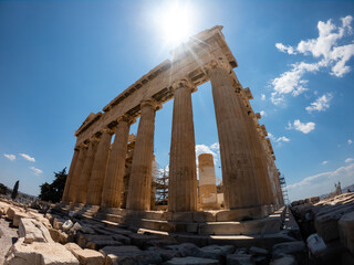Athenian pantheon close up. Columns of the Athenian pantheon. Marble columns of an ancient temple. restored Athenian pantheon