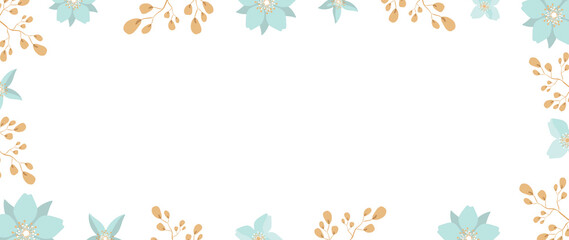 Fototapeta na wymiar Wide Frame of flowers and leaves. Ready-made poster in gentle colors with space for text. For weddings and women's parties. Vector.
